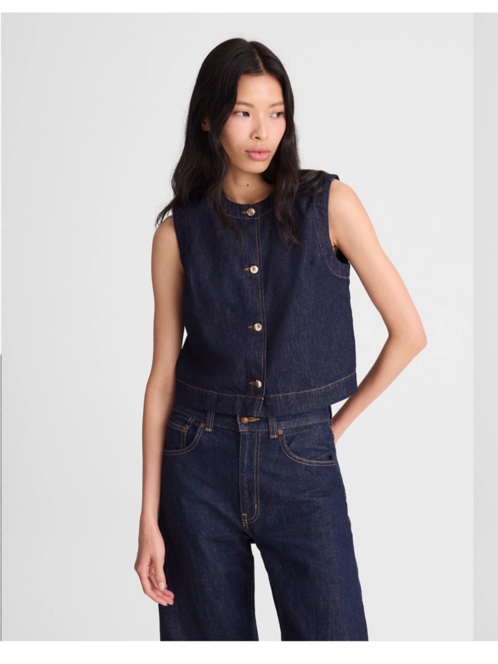 Madewell Dark Blue Denim Cropped Button-Front Vest